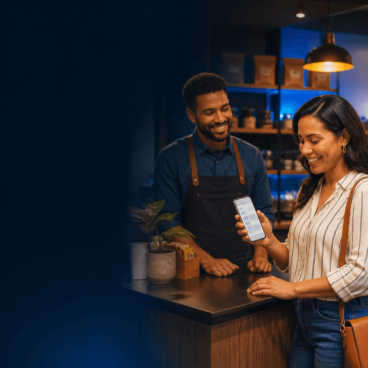 Cliente recibiendo un recibo digital después de comprar en un negocio